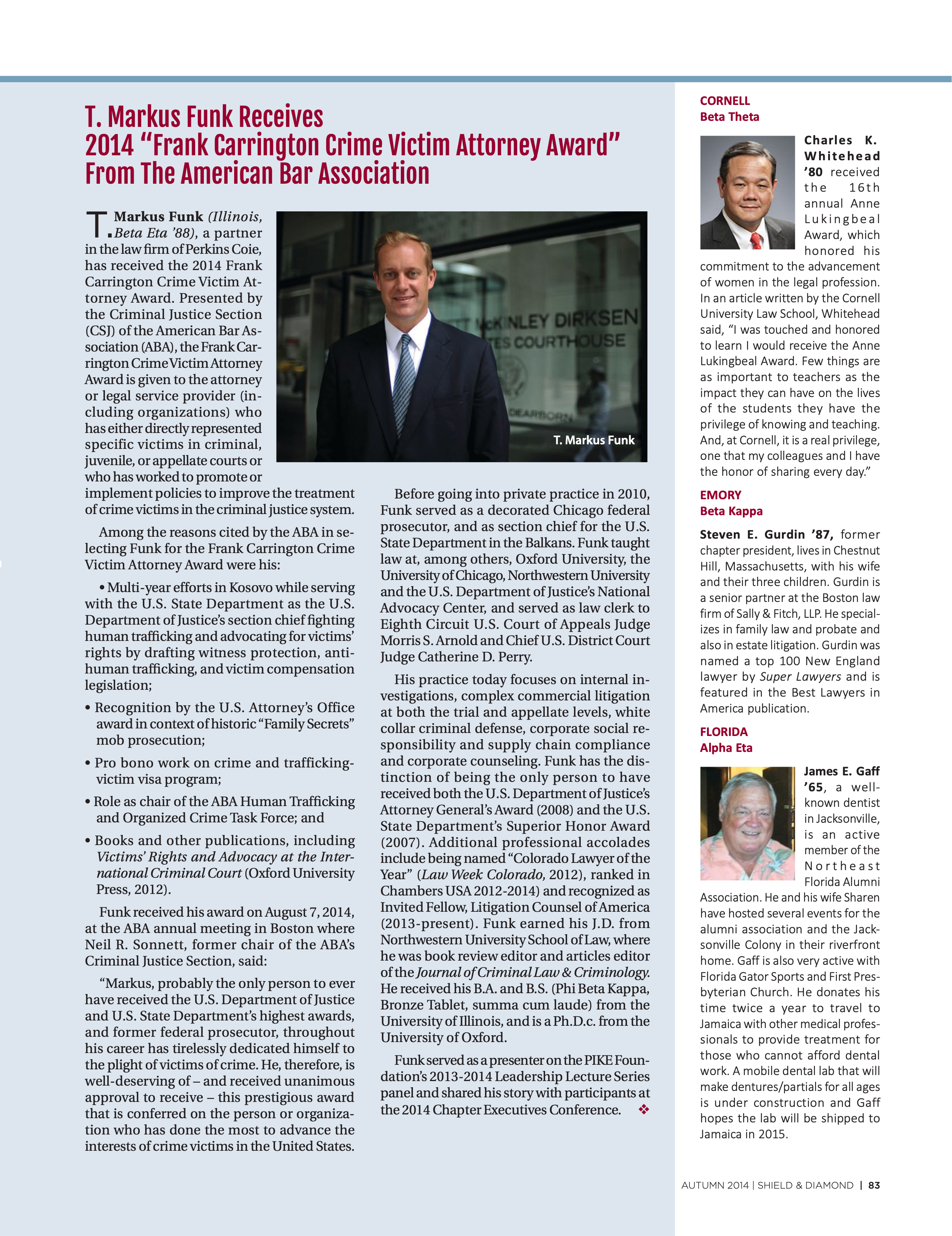 T. Markus Funk Receives 2014 "Frank Carrington Crime Victim Attorney Award" From the American Bar Association